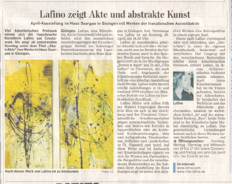 Pressebericht der Saarbrücker Zeitung vom 18.04.08 über die Lafino-Ausstellung im Haus Saargau